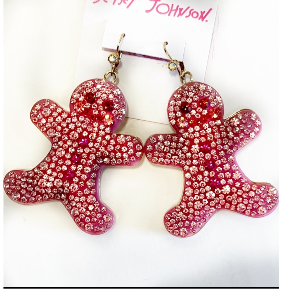 Betsey Johnson Pink Rhinestone Gingerbread Man Earrings